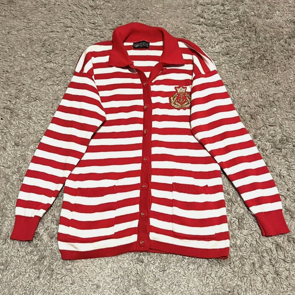 Vintage Herman Geist Red White Striped Crest Embroidery Cardigan Sweater Women S